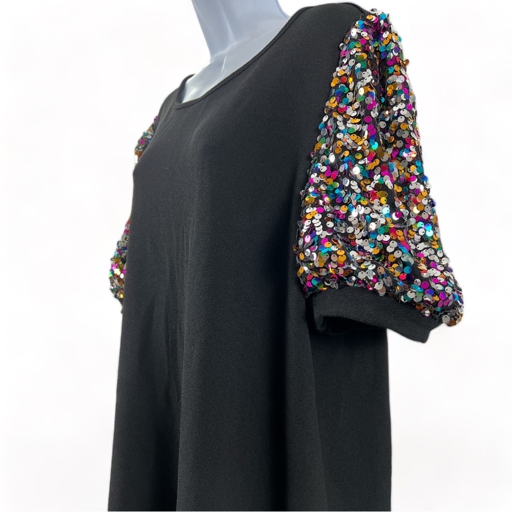 Black Short Sleeve Dress with Multicolor Sequin Puff Sleeves - Picture 6 of 12